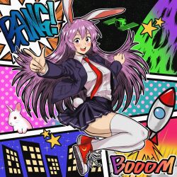 1girl animal_ears black_jacket blazer blouse blue_skirt buttons collared_shirt finger_gun highres jacket light_purple_hair long_hair necktie pleated_skirt purple_hair rabbit rabbit_ears rabbit_girl rabbit_tail red_eyes red_footwear red_necktie reisen_udongein_inaba rocket sen_(daydream_53) shirt skirt solo tail thighhighs touhou very_long_hair white_shirt white_thighhighs