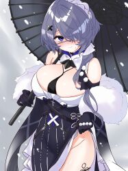 Rule 34 | 1girl, absurdres, arknights, between breasts, black choker, black dress, black gloves, black umbrella, blush, breasts, choker, cleavage, closed mouth, clothes lift, commentary, cowboy shot, dress, dress lift, elbow gloves, eyepatch, fur shawl, gloves, groin, hair between eyes, hair ornament, hair over one eye, hair over shoulder, highres, holding, holding umbrella, large breasts, lifting own clothes, looking at viewer, medical eyepatch, midori10, official alternate costume, oil-paper umbrella, one eye covered, parted bangs, purple eyes, purple hair, shawl, short hair with long locks, sleeveless, sleeveless dress, smile, snowing, solo, standing, sweatdrop, thigh strap, two-tone dress, umbrella, whisperain (arknights), whisperain (tremble cold) (arknights), white dress, x hair ornament