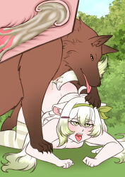1girl absurdres ahegao ahoge all_fours animal_ear_fluff animal_ears animal_penis bestiality blush breasts commentary commission completely_nude cross-section cum cum_in_pussy cum_overflow dog doggystyle english_commentary feet_out_of_frame ferret_ears ferret_girl ferret_tail gradient_hair gradient_tail green_eyes green_hair green_hairband green_ribbon hair_between_eyes hair_ornament hair_ribbon hairband hairclip hand_on_another&#039;s_head highres knotted_penis laimu_(vtuber) laimu_(vtuber)_(cozy) long_hair marinesunrise medium_breasts multicolored_hair nude open_mouth penis ribbon sex sex_from_behind solo thighhighs tongue tongue_out two-tone_hair vaginal variant_set very_long_hair vinesauce virtual_youtuber white_hair white_thighhighs x-ray