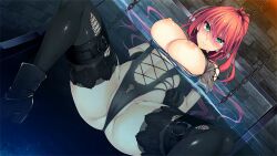 Rule 34 | 1girl, aqua eyes, black boots, black gloves, black leotard, black thighhighs, boots, breasts, chain, chained, gloves, high ponytail, large breasts, leotard, non-web source, onizuki rei, ponytail, serious, thighhighs, underwater