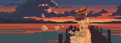 1girl absurdres arms_behind_back artdroiiid_ii belt brown_hair cloud cloudy_sky dress evening facing_away floating_hair from_behind gradient_sky hat highres holding holding_paper horizon ligne_claire long_hair ocean orange_sky original outdoors paper pier pink_sky ribbon scenery short_sleeves sky solo standing straw_hat sun_hat sunset water white_dress wind