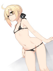 1girl ahoge artoria_pendragon_(fate) bare_shoulders bikini black_bikini blonde_hair blush braid breasts collarbone fate/grand_order fate_(series) french_braid glasses hair_between_eyes hair_bun long_hair looking_at_viewer micro_bikini mysterious_heroine_x_alter_(fate) namonashi navel sidelocks simple_background small_breasts solo swimsuit thighs white_background yellow_eyes