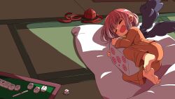 1girl absurdres barefoot black_wings closed_eyes commentary_request dice fang feathered_wings full_body futon hat highres hugging_object indie_virtual_youtuber kokushi_musou mahjong mahjong_soul mahjong_tile mutsu_(hasepix) open_mouth orange_pants orange_shirt pajamas pants pillow pillow_hug pink_hair red_hat senba_kurono shirt short_hair sleeping solo tatami tenbou tokin_hat unworn_hat unworn_headwear virtual_youtuber wings
