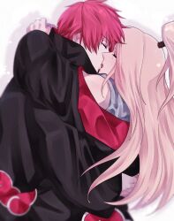 2boys akatsuki_uniform arms_around_neck arms_around_waist blonde_hair closed_eyes comforting crying deidara_(naruto) french_kiss high_ponytail highres hug kiss long_hair looking_at_another male_focus multiple_boys naruto_(series) naruto_shippuuden ome_meh ponytail red_hair sad sasori_(naruto) short_hair simple_background undressing white_background yaoi