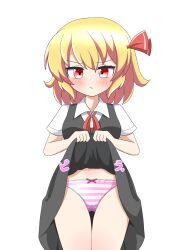 1girl :&lt; absurdres annoyed blonde_hair blush bow bow_panties clothes_lift collared_shirt commentary_request cowboy_shot dress dress_lift furrowed_brow hair_ribbon highres lifting_own_clothes looking_at_viewer neck_ribbon panties pinafore_dress pink_panties red_ribbon ribbon rumia shirt short_hair short_sleeves simple_background sleeveless sleeveless_dress solo straight-on striped_clothes striped_panties thigh_gap touhou underwear v-shaped_eyebrows white_background white_shirt zenji029