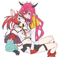 2girls animal_ears bare_shoulders black_gloves black_hair blue_eyes blush closed_mouth collar crop_top dress ear_blush earrings gloves hakos_baelz hakos_baelz_(1st_costume) halo hand_on_another&#039;s_shoulder heterochromia hololive hololive_english horns irys_(hololive) irys_(irys_2.0)_(hololive) jewelry long_hair looking_at_another midriff mouse_ears mouse_girl multicolored_hair multiple_girls navel pink_hair pink_nails pointy_ears puckered_lips purple_thighhighs ramphastostella red_hair shirt simple_background spiked_collar spikes streaked_hair thigh_strap thighhighs white_background white_dress white_hair white_shirt yuri