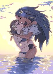 2girls alternate_costume arms_around_neck arms_around_waist bikini black_hair blonde_hair brown_eyes brown_hair closed_eyes crop_top cropped_shirt dark-skinned_female dark_skin flower frilled_shirt frills geeta_(pokemon) grin hair_flower hair_ornament highres hug long_hair looking_at_another lvetica multicolored_hair multiple_girls nintendo ocean off-shoulder_shirt off_shoulder pokemon pokemon_sv shirt short_hair smile streaked_hair sun swimsuit two-tone_hair u_u wading water wet white_shirt yuri