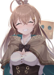 1girl ahoge black_corset black_hair blush breasts brown_capelet brown_hair capelet cleavage closed_eyes closed_mouth corset feather_hair_ornament feathers friend_(nanashi_mumei) hair_ornament hairpin harurunoe hololive hololive_english long_hair medium_breasts nanashi_mumei nanashi_mumei_(1st_costume) ponytail shirt smile solo tears very_long_hair virtual_youtuber white_hair white_shirt