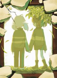 1boy 1other asriel_dreemurr back barefoot brown_hair brown_pants brown_shoes brown_shorts chara_(undertale) closed_mouth full_body goat_boy green_sweater holding_hands kawar1117552 leaf looking_at_another pants shoes short_hair shorts sweater undertale