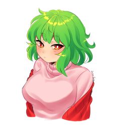 1girl :/ alternate_costume artist_name blush breasts bright_pupils closed_mouth cropped_torso green_hair hanaarts highres kazami_yuuka large_breasts off_shoulder pink_sweater red_eyes short_hair simple_background solo sweater touhou turtleneck turtleneck_sweater upper_body vest white_background white_pupils