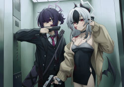 2girls absurdres back_bow black_choker black_dress black_hair black_jacket black_pants black_vest blood blood_on_clothes blood_on_face blue_archive bow breasts choker cleavage closed_mouth covered_navel crossed_bangs demon_girl demon_horns demon_wings doumu_(31678316) dress ear_piercing earpiece elevator fabarm_fp6 glock gun gun_on_back h&amp;k_p30 hair_between_eyes hair_bow handgun haruka_(blue_archive) haruka_(suit)_(blue_archive) highres holding holding_gun holding_weapon horns jacket kayoko_(blue_archive) kayoko_(dress)_(blue_archive) long_hair looking_at_viewer looking_to_the_side microphone multicolored_hair multiple_girls necktie official_alternate_costume official_alternate_hairstyle pants piercing ponytail pump_action purple_eyes purple_hair red_eyes red_necktie shirt short_ponytail shotgun sidelocks single_bare_shoulder single_wing two-tone_hair vest weapon weapon_on_back white_hair white_shirt wings yellow_jacket