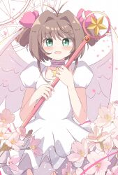 Rule 34 | 1girl, absurdres, angel, angel wings, antenna hair, bare arms, bow, brown hair, cardcaptor sakura, cherry blossoms, choker, collarbone, colored eyelashes, cowboy shot, dot nose, dress, feathered wings, flower, frilled choker, frilled dress, frills, green eyes, hair bow, hair intakes, halftone, hanehituzi4410, happy, highres, holding, holding wand, kinomoto sakura, kinomoto sakura (astral sakura), light blush, light particles, looking at viewer, magic circle, magical girl, open mouth, petals, pink bow, pink choker, pink flower, puffy short sleeves, puffy sleeves, short hair with long locks, short sleeves, sidelocks, smile, solo, square neckline, standing, star (symbol), star choker, star wand, straight-on, tareme, two side up, wand, white background, white dress, white wings, winged wand, wings