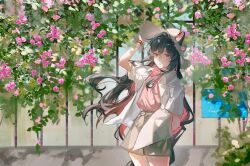 1girl absurdres alternate_costume animal_ears arknights arm_behind_back black_hair blue_eyes brown_hat brown_shorts chinese_commentary colored_inner_hair commentary_request cowboy_shot cross cross_necklace day flower hair_between_eyes hand_on_headwear hat hewu639356 highres jewelry latin_cross long_hair looking_at_viewer multicolored_hair necklace open_clothes open_shirt orange_eyes parted_lips pink_flower pink_hair pink_rose pink_shirt plant rose shirt short_sleeves shorts solo standing straw_hat sunlight t-shirt texas_(arknights) very_long_hair white_shirt wolf_ears wolf_girl