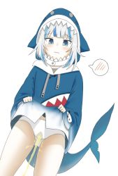 1girl animal_hood blue_eyes blue_hair blue_hoodie blue_sweater blush closed_mouth clothes_lift cowboy_shot drawstring dutch_angle embarrassed female_focus fins fish_tail flat_chest gawr_gura grey_hair hololive hololive_english hood hood_up hoodie hoodie_lift lifting_own_clothes long_sleeves looking_at_viewer looking_down midriff midriff_peek multicolored_hair multicolored_hoodie no_pants panties pee peeing peeing_self pocket rokugatsu_(mutuki_rokugatu) shark_girl shark_hood shark_hoodie shark_tail short_hair sidelocks simple_background solo speech_bubble spoken_blush standing streaked_hair sweater tail underwear virtual_youtuber wavy_mouth wet wet_clothes wet_panties wet_underwear white_background white_panties