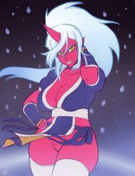 &gt;:| 10s 1girl 2015 :| alternate_costume arm_behind_head arm_guards armguard bad_id bad_pixiv_id blue_hair bottomless breasts choker cleavage cleft_of_venus closed_mouth colored_skin cosplay cowboy_shot curvy dated dead_or_alive demon_girl demon_horns fang fang_out female_focus fingernails floating_hair glasses green_eyes hair_between_eyes hand_on_own_hip hand_up head_tilt high_ponytail highres horns japanese_clothes kasumi kasumi_(cosplay) kasumi_(doa) kasumi_(doa)_(cosplay) kimono kneesocks_(psg) large_breasts lips long_fingernails long_hair looking_at_viewer multicolored_eyes night ninja no_panties outdoors panty_&amp;_stocking_with_garterbelt pelvic_curtain pointy_ears ponytail pussy randomboobguy red_skin sash semi-rimless_eyewear short_sleeves side_slit sidelocks signature silver_hair single_horn snow solo thick_thighs thighhighs thighs uncensored under-rim_eyewear v-shaped_eyebrows white_thighhighs wide_hips wind wind_lift yellow_eyes