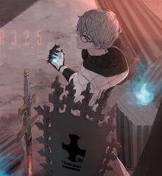 1boy absurdres blue_eyes blue_fire coat fate/grand_order fate_(series) fire glasses gloves highres hood hood_down jacques_de_molay_(saber)_(fate) male_focus planted shield short_hair solo white_coat yukiko_(yukkyu)