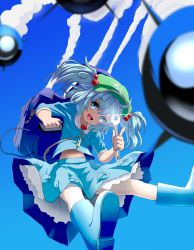 1girl backpack bag blue_eyes blue_hair boots female_focus hair_bobbles hair_ornament hat hopeless_masquerade ishikkoro kawashiro_nitori key looking_at_viewer matching_hair/eyes midriff open_mouth rocket rubber_boots shirt skirt sleeves_rolled_up smile solo touhou twintails two_side_up wrench