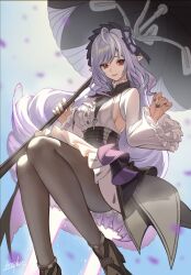 Rule 34 | 1girl, ahoge, arepko, artist name, black nails, black pantyhose, blurry, blurry background, breasts, commentary request, dress, high heels, highres, holding, holding umbrella, long hair, medium breasts, mole, mole under eye, pantyhose, pointy ears, purple hair, sideboob, solo, umbrella, very long hair, vivian (zenless zone zero), white dress, zenless zone zero