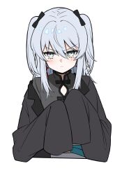 1girl absurdres black_bow black_coat black_shirt blush bow closed_mouth coat commentary cropped_torso earrings green_eyes grey_hair hair_bow hashtag-only_commentary heart heart_in_eye highres indie_virtual_youtuber jewelry looking_at_viewer nekomugi_tororo shirt simple_background sleeves_past_fingers sleeves_past_wrists solo symbol_in_eye tassel tassel_earrings virtual_youtuber white_background ziu