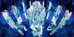3boys 6890390145 aotsuki_eito arm_behind_back black_gloves black_shoes blue_background clone drawstring glasses glitch gloves grey_hair hand_on_own_chest head_tilt highres jacket looking_at_viewer male_focus mirror multiple_boys multiple_views one_eye_closed outstretched_hand pantsu-ripper reflection shoes short_hair smile the_hundred_line_-last_defense_academy- white_jacket