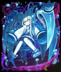 1girl bloomers blue_bloomers blue_bow blue_bowtie blue_dress blue_hair blue_shoes bow bowtie bright_pupils closed_mouth commentary dress full_body ketopon long_hair long_sleeves merc_storia pantyhose pink_eyes pitana_(merc_storia) ribbon shoes sleeves_past_fingers sleeves_past_wrists slime_(substance) slime_hair solo underwear white_pantyhose white_pupils white_ribbon