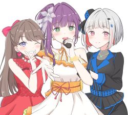 3girls 4th_live_dream_~bloom_the_dream_believers~ :d ;d absurdres armpit_crease awoke_(love_live!) bare_shoulders black_gloves black_pants blue_hat blue_jacket bob_cut bow breasts brown_hair choker closed_mouth collarbone colored_inner_hair commentary_request cowboy_shot diamond_hair_ornament do!_do!_do!_(love_live!) dress flower flower_stand_art frilled_dress frills fujishima_megumi fur-trimmed_dress fur_trim gloves green_eyes grey_hair grin hair_bow hair_bun hair_flower hair_intakes hair_ornament hand_on_another&#039;s_arm hat highres inverted_bob iroha_(nami3) jacket link!_like!_love_live! long_hair long_sleeves looking_at_viewer love_live! medium_breasts mini_hat multicolored_hair multiple_girls obi obijime official_alternate_costume one_eye_closed open_mouth orange_choker orange_ribbon orange_sash orange_trim otomune_kozue pants pink_bow pink_eyes purple_hair red_bow red_dress red_hair ribbon ribbon_choker sash see-through_clothes short_hair side_ponytail sidelocks single-shoulder_dress single_side_bun sleeveless sleeveless_dress smile split_mouth streaked_hair suisai_sekai tilted_headwear two_side_up v v_over_mouth virtual_graduation_commemoration virtual_youtuber white_dress white_gloves yugiri_tsuzuri