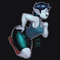 adventure_time bad_tag bare_arms bent_over boots breasts cleavage collarbone hand_on_own_ass highres leg_belt marceline_abadeer medium_breasts pale_skin pointy_ears short_hair silverlyon2 skirt spaghetti_strap tight_clothes