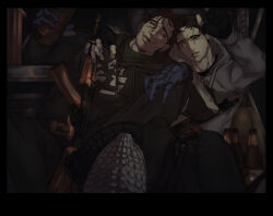 2boys ;d absurdres afraid_of_monsters arm_over_shoulder arm_up assault_rifle black_gloves black_hoodie bottle closed_eyes couch cry_of_fear david_leatherhoff drunk explosive fingerless_gloves glass_bottle gloves grenade grey_hoodie grin gun highres holding holding_bottle holding_gun holding_weapon hood hood_down hoodie implied_yaoi ju-san leaning_on_person letterboxed multiple_boys on_couch one_eye_closed open_mouth print_hoodie rifle scar scar_on_face simon_henriksson sitting smile sweat turtleneck weapon window wine_bottle