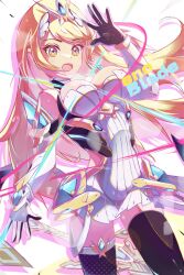 1girl alternate_legwear bare_shoulders black_thighhighs blonde_hair breasts chest_jewel dress earrings elbow_gloves gloves highres jewelry large_breasts lb-little_bird long_hair looking_at_viewer microdress mythra_(massive_melee)_(xenoblade) mythra_(xenoblade) nintendo solo super_smash_bros. swept_bangs thigh_strap thighhighs tiara very_long_hair white_dress white_gloves xenoblade_chronicles_(series) xenoblade_chronicles_2 yellow_eyes