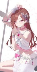 1girl absurdres bare_shoulders blush breasts brown_hair dress earrings highres higuchi_madoka idolmaster idolmaster_shiny_colors jewelry long_hair looking_at_viewer medium_breasts pink_eyes smile solo sukaliya thighs white_dress