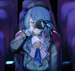 beret black_gloves blue_hair choker gloves grey_hat hat hololive hoshimachi_suisei indoors light_particles onigirimeshitya plaid_hat side_ponytail sitting star_(symbol) star_in_eye symbol_in_eye upper_body virtual_youtuber
