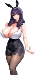 1girl absurdres animal_ear_hairband animal_ears arm_at_side arm_up black_hair black_hairband black_pantyhose black_skirt blue_eyes bow bowtie breasts cleavage covered_navel derauea drill_hair drill_sidelocks fake_animal_ears game_cg hairband high-waist_skirt highres huge_breasts light_blush long_hair looking_at_viewer mature_female motto!_haramase!_honoo_no_oppai_isekai_oppai_bunny_gakuen! non-web_source nontraditional_playboy_bunny official_art open_mouth pantyhose pencil_skirt rabbit_ear_hairband rabbit_ears red_bow red_bowtie shirt sidelocks skirt smile solo standing star_(symbol) star_in_eye symbol_in_eye tachi-e transparent_background usami_yuzuki white_shirt white_wrist_cuffs wrist_cuffs