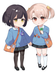 2girls aged_down akaneko016 bag black_footwear black_hair black_skirt blue_shirt blush breasts brown_eyes brown_pantyhose fate/kaleid_liner_prisma_illya fate_(series) highres holding_hands illyasviel_von_einzbern kindergarten_uniform kneehighs loafers long_hair long_sleeves looking_at_viewer miniskirt miyu_edelfelt multiple_girls pantyhose red_eyes shirt shoes shoulder_bag sidelocks skirt small_breasts socks twintails white_hair