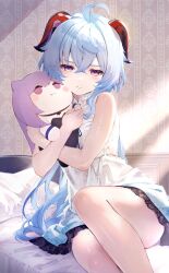 1girl absurdres ahoge alternate_costume blue_hair character_doll closed_mouth crossed_bangs doll dress ganyu_(genshin_impact) genshin_impact goat_horns hair_between_eyes highres horns indoors keqing_(genshin_impact) long_hair looking_at_viewer mihasu on_bed pillow pink_eyes pout sitting sleeveless sleeveless_dress solo white_dress