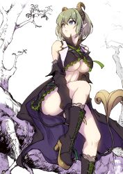 1girl absurdres bare_shoulders black_boots black_shirt black_skirt black_sleeves blue_eyes boots branch breasts brown_horns closed_mouth clothing_cutout colored_shoe_soles crop_top curled_horns demon_girl demon_horns demon_tail detached_sleeves expressionless foot_out_of_frame green_hair green_necktie hashtag-only_commentary heterochromia high_heel_boots high_heels highres horns jyaco large_breasts log long_sleeves looking_afar looking_to_the_side miniskirt monochrome_background nanashi_inc. navel necktie pointy_ears sekishiro_mico sekishiro_mico_(1st_costume) shirt short_hair sitting sitting_on_branch skirt sleeveless sleeveless_shirt solo tail tree underboob underboob_cutout virtual_youtuber white_background yellow_eyes