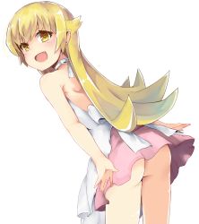 Rule 34 | 1girl, ass, bakemonogatari, blonde hair, colored eyelashes, cowboy shot, female focus, from behind, long hair, looking back, monobe tsukuri, monogatari (series), no panties, open mouth, oshino shinobu, pointy ears, simple background, solo, white background, yellow eyes