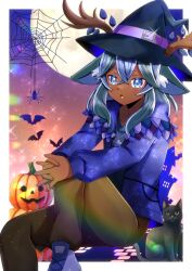 1girl animal animal_ear_fluff animal_ears antlers antlers_through_headwear black_cat black_hat blue_eyes blue_jacket blue_shoes brown_pants cat commentary_request commission dark-skinned_female dark_skin full_moon grey_hair grey_shirt hair_between_eyes halloween hands_on_own_knee hat herbbalink horns indie_virtual_youtuber jack-o&#039;-lantern jacket kou_hiyoyo long_hair moon open_clothes open_jacket pants puffy_pants shirt shoes silk skeb_commission solo spider_web virtual_youtuber witch_hat
