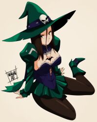 Rule 34 | 1980s (style), 1girl, absurdres, arm support, bat necklace, black pantyhose, blue leotard, boots, breasts, brown eyes, cleavage, clothing cutout, commentary, danmakuman, dated, detached collar, english commentary, full body, green boots, green hat, green skirt, hair between eyes, hat, hat ornament, high heel boots, high heels, highres, large breasts, leotard, looking at viewer, medium breasts, medium hair, miniskirt, navel cutout, oldschool, original, pantyhose, pleated skirt, puffy sleeves, retro artstyle, signature, simple background, sitting, skirt, skull hat ornament, solo, witch, witch hat, yokozuwari