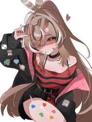 1girl absurdres adjusting_eyewear ahoge bare_shoulders belt black_choker black_jacket black_nails black_shirt black_skirt black_streaks brown_hair candy choker eyes_visible_through_hair eyewear_on_head feather_hair_ornament feathers food friend_(nanashi_mumei) hair_ornament hair_over_one_eye hairclip hana20000920 heart_sticker highres holocouncil hololive hololive_english holopromise horizontal-striped_skirt jacket lollipop lollipop_in_mouth long_hair looking_at_viewer multicolored_hair nanashi_mumei nanashi_mumei_(emo) off-shoulder_shirt off_shoulder open_clothes open_jacket orange_eyes outline parted_bangs pink_background plaid_clothes plaid_skirt pleated_skirt quilted_jacket red_shirt red_skirt round_eyewear shirt skirt solo streaked_hair sunglasses torn_clothes torn_shirt transparent_background two-sided_fabric two-tone_shirt very_long_hair virtual_youtuber white_outline white_streaks