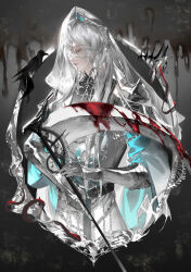 Rule 34 | 1boy, absurdres, aqua shirt, armor, belt, belt buckle, bird, black belt, blood, bloody weapon, border, buckle, cael anselm, cape, chain belt, chinese commentary, closed eyes, closed mouth, colored eyelashes, crow, crown, dagger, dragon, gauntlets, grey background, grey border, hair between eyes, hair ornament, head chain, highres, holding, holding scythe, holding weapon, jewelry, knife, liquid, long bangs, long hair, long hair between eyes, lovebrush chronicles, male focus, ornate border, outside border, profile, red ribbon, ribbon, round image, scythe, shirt, shoulder armor, skeletal tail, small dragon, snake, snowflake print, solo, star (symbol), star hair ornament, tiara, tunic, unworn crown, upper body, veil, weapon, white cape, white hair, white tunic, white veil, yichun583