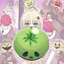 1boy 1girl blonde_hair blue_eyes blue_hair blush bridal_veil commentary_request cooking_pot dress hair_ornament heart highres holding holding_mask hood hood_down jacket laughing long_sleeves mask mayumalis mirror multiple_views nude oosuzuki_kurara open_mouth pointing puff_of_air red_hair short_hair solo_focus stomping sumino_takumi the_hundred_line_-last_defense_academy- tomato veil wedding_dress