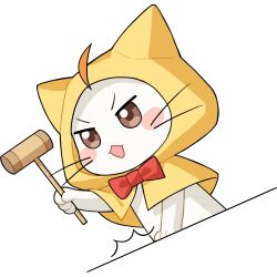 Rule 34 | ^^^, ahoge, animal, animal focus, artist request, blush stickers, bow, bowtie, brown eyes, cat, cloak, clothed animal, cropped torso, determined, ear covers, gavel, hammer, hand on table, highres, holding, holding hammer, hood, hood up, hooded cloak, infinity nikki, looking ahead, momo (nikki), nikki (series), no humans, official art, open mouth, red bow, red bowtie, traditional bowtie, transparent background, v-shaped eyebrows, whiskers, white cat, yellow cloak