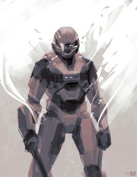 1boy absurdres armor artist_logo assault_visor broken_glass clenched_hand commentary english_commentary glass halo:_reach halo_(series) helmet highres logo male_focus plastic-bridge power_armor science_fiction sketch solo spartan-b312 spartan_(halo) standing