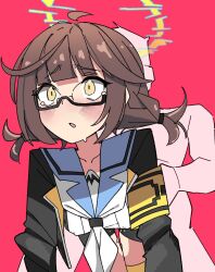 1boy 1girl all_fours armband black_jacket blue_archive brown_hair clothed_sex doggystyle glasses halo hetero highres jacket mai_(blue_archive) neckerchief open_mouth red_background semi-rimless_eyewear sex sex_from_behind simple_background solo_focus tsunderemaids under-rim_eyewear white_neckerchief yellow_armband yellow_eyes yellow_halo