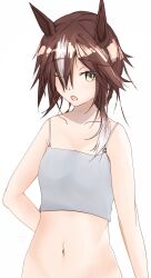 1girl ;o alternate_hairstyle animal_ears arm_behind_back bare_shoulders breasts brown_hair collarbone hair_over_one_eye hair_over_shoulder highres horse_ears horse_girl lesoa long_hair looking_at_viewer navel one_eye_closed simple_background small_breasts solo umamusume vodka_(umamusume) white_background white_hair yellow_eyes