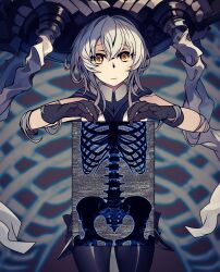 Rule 34 | 1girl, abyssal ship, bodysuit, bone, commentary request, grey hair, guouuu, headgear, highres, holding, kantai collection, long hair, looking at viewer, otome kaibou (vocaloid), pale skin, revision, short hair, skeleton, smile, solo, standing, tentacles, wo-class aircraft carrier, x-ray film, yellow eyes