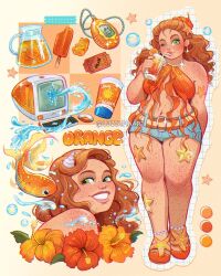 Rule 34 | 1girl, artist name, blue shorts, body freckles, breasts, brown hair, computer keyboard, computer mouse, cup, denim, denim shorts, drinking straw, english text, fish, flower, food, freckles, glass, green eyes, grin, hibiscus, highres, holding, holding cup, long hair, looking at viewer, luztapiaart, medium breasts, monitor, multiple views, one eye closed, orange flower, original, pitcher (container), plump, popsicle, shorts, smile, starfish, tamagotchi (virtual pet), virtual pet (toy), watermark