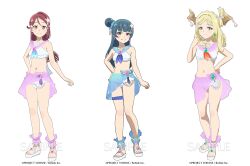 3d 3girls alternate_costume anklet bare_arms bare_shoulders beads bikini blonde_hair blue_hair blue_sarong blush breasts brooch collarbone criss-cross_halter demon_horns earrings full_body genjitsu_no_yohane green_eyes hair_bun hair_ornament halterneck hand_on_own_hip highres horns jewelry legs looking_at_viewer love_live! love_live!_sunshine!! midriff multiple_girls navel official_art ohara_mari pink_sarong platform_footwear red_eyes red_hair sakurauchi_riko sample_watermark sarong see-through_clothes see-through_sarong shell_hair_ornament smile standing starfish_hair_ornament swimsuit thigh_strap thighs tsushima_yoshiko watermark white_bikini white_footwear yellow_eyes