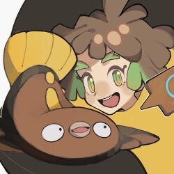 Rule 34 | 950magi618, brown hair, character request, commentary request, eyelashes, gen 4 pokemon, gen 5 pokemon, green eyes, green hair, multicolored hair, nintendo, open mouth, pokemon, pokemon (creature), rotom, rotom phone, short hair, smile, stunfisk, two-tone hair