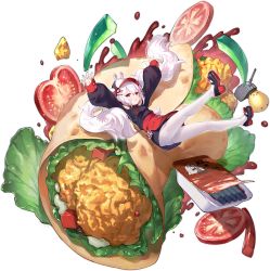 &gt;_&lt; 1girl ass azur_lane black_shoes black_sweater chicken_(food) food highres kaede_(yumesaki_kaede) ketchup kfc laffey_(azur_lane) laffey_(sleepy_teriyaki_twister)_(azur_lane) laffey_(teriyaki_twister)_(azur_lane) lettuce light_purple_hair long_hair long_sleeves looking_at_viewer lying manjuu_(azur_lane) official_alternate_costume official_art on_back pantyhose puffy_sleeves red_eyes sauce shoes solo sweater thighband_pantyhose tomato torpedo transparent_background twintails very_long_hair white_pantyhose